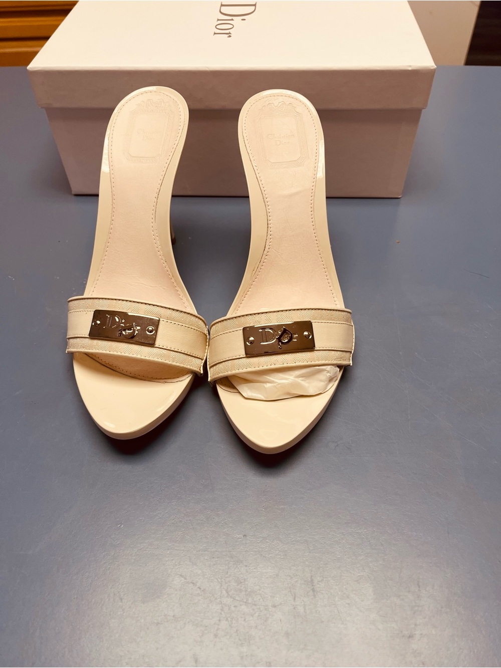 Dior Ivory Open-Toe Slip-On Heeled Mules with Metal Logo